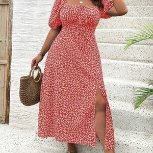 SHEIN Red Floral Puff-Sleeve Maxi Dress with Side Slit